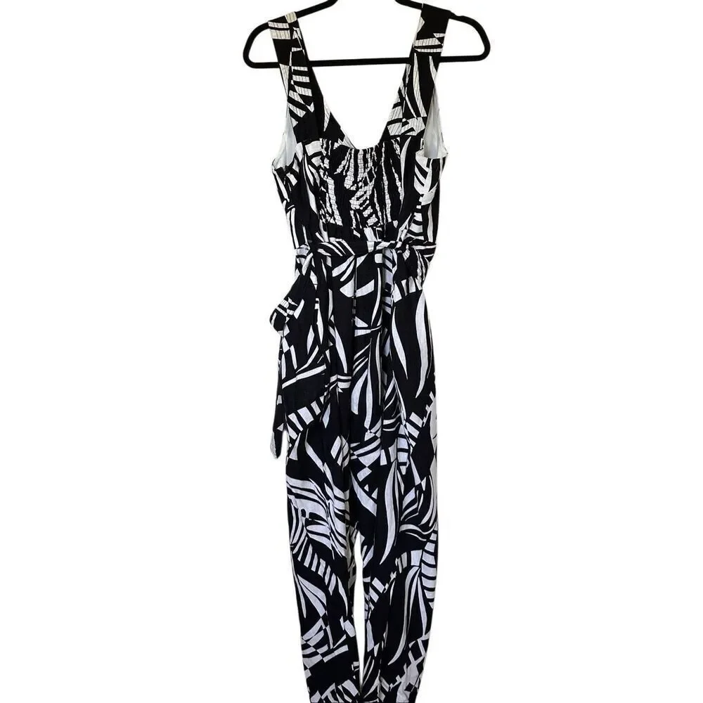 Tahari Linen Blend V-Neck Belted Women’s Jumpsuit Pants Romper Black/White Sz 10